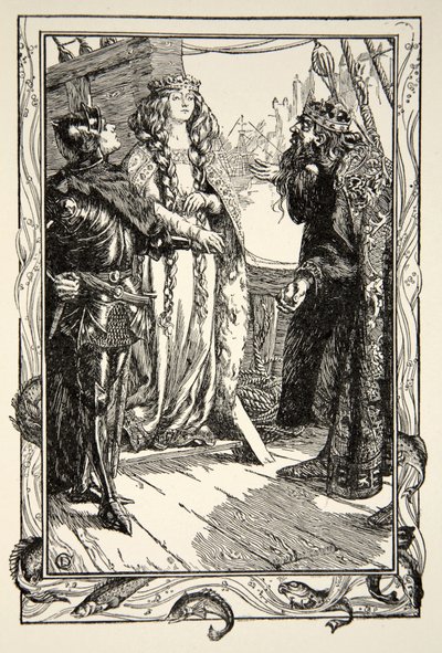 El rey Anguish entrega a Isolt a Sir Tristram, ilustración de 